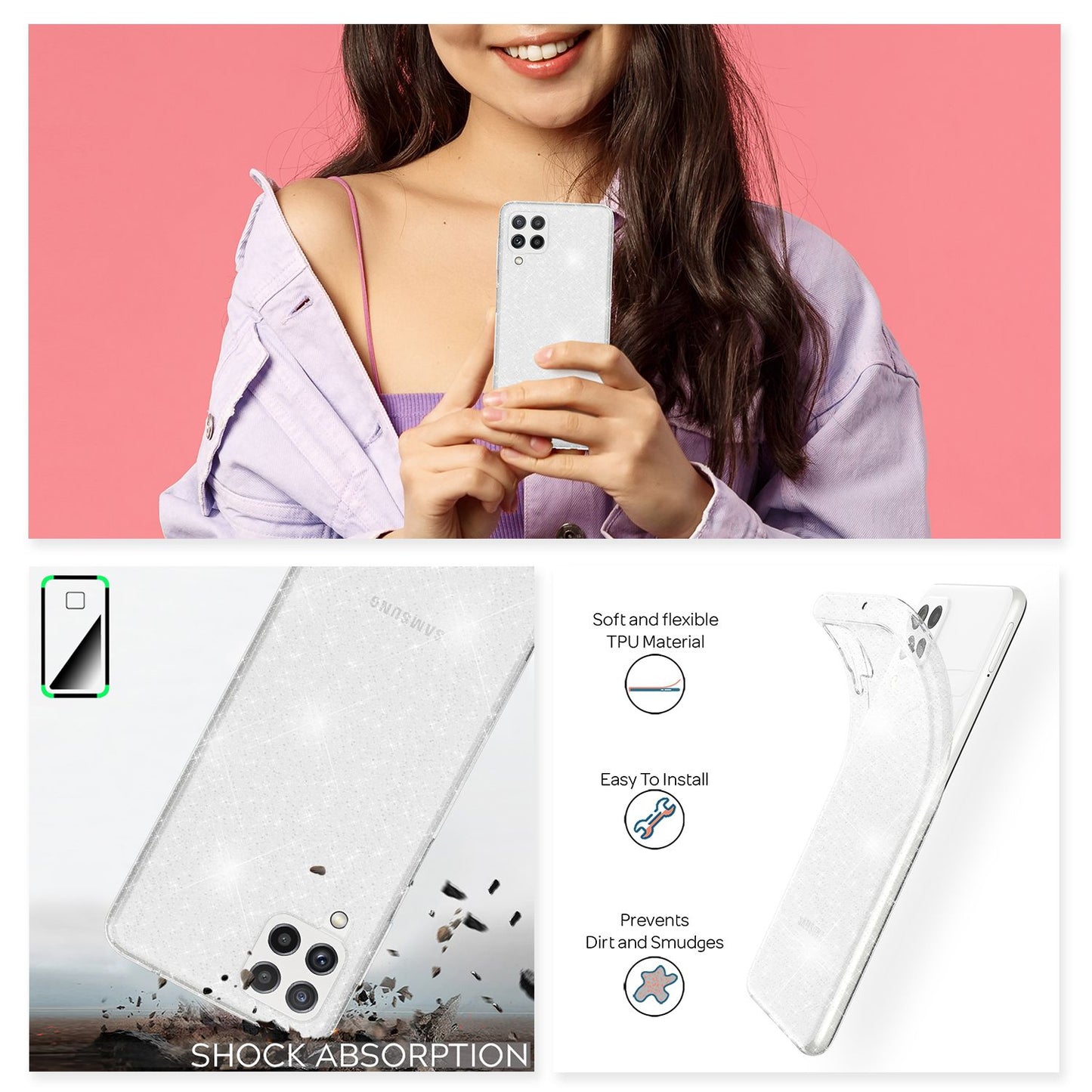 NALIA Glitzerhülle für Samsung Galaxy A22 – Funkelndes Silikon Case – DAZZLIN (Transparent & Stoßfest) – Marke aus Berlin