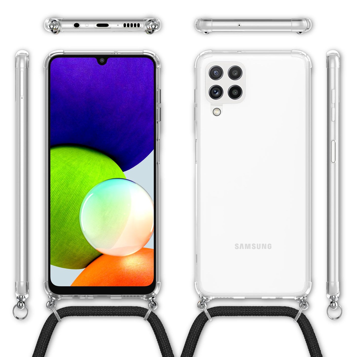 NALIA Handykette für Samsung Galaxy A22 4G – Transparentes Hybrid-Case & Band – HANGIT (Anti-Gelb Rückseite & Verstellbar) – Marke aus Berlin