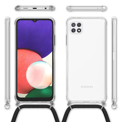 NALIA Handykette für Samsung Galaxy A22 5G – Transparentes Hybrid-Case & Band – HANGIT (Anti-Gelb Rückseite & Verstellbar) – Marke aus Berlin