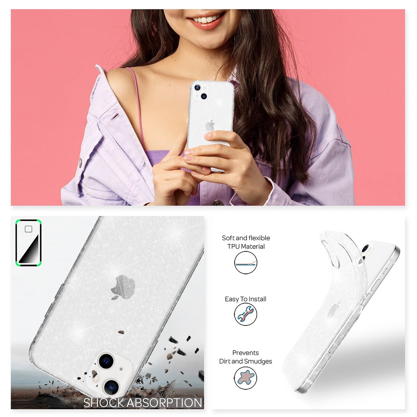 NALIA Glitzerhülle für iPhone 13 – Funkelndes Silikon Case – DAZZLIN (Transparent & Stoßfest) – Marke aus Berlin
