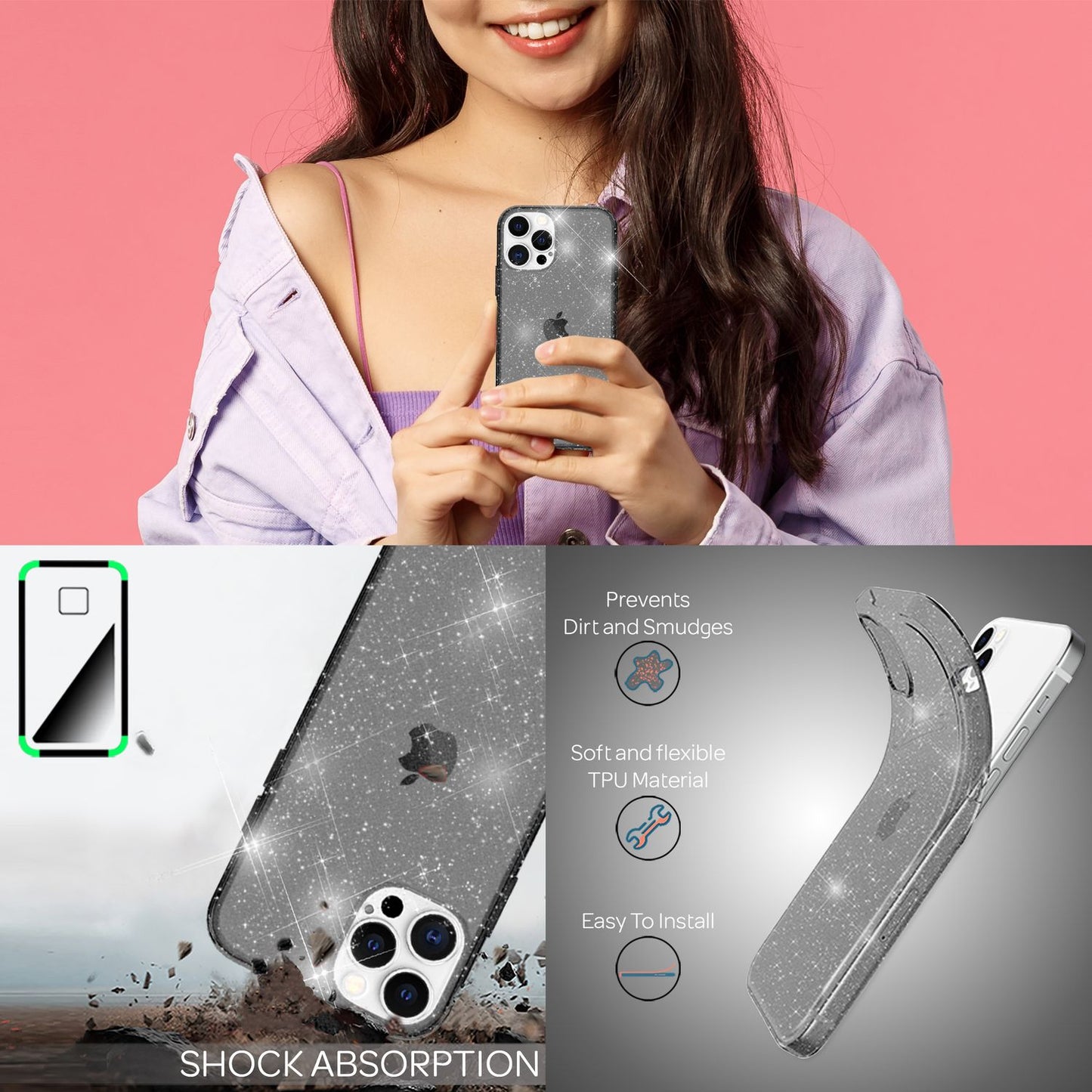 NALIA Glitzerhülle für iPhone 13 Pro – Funkelndes Silikon Case – DAZZLIN (Transparent & Stoßfest) – Marke aus Berlin