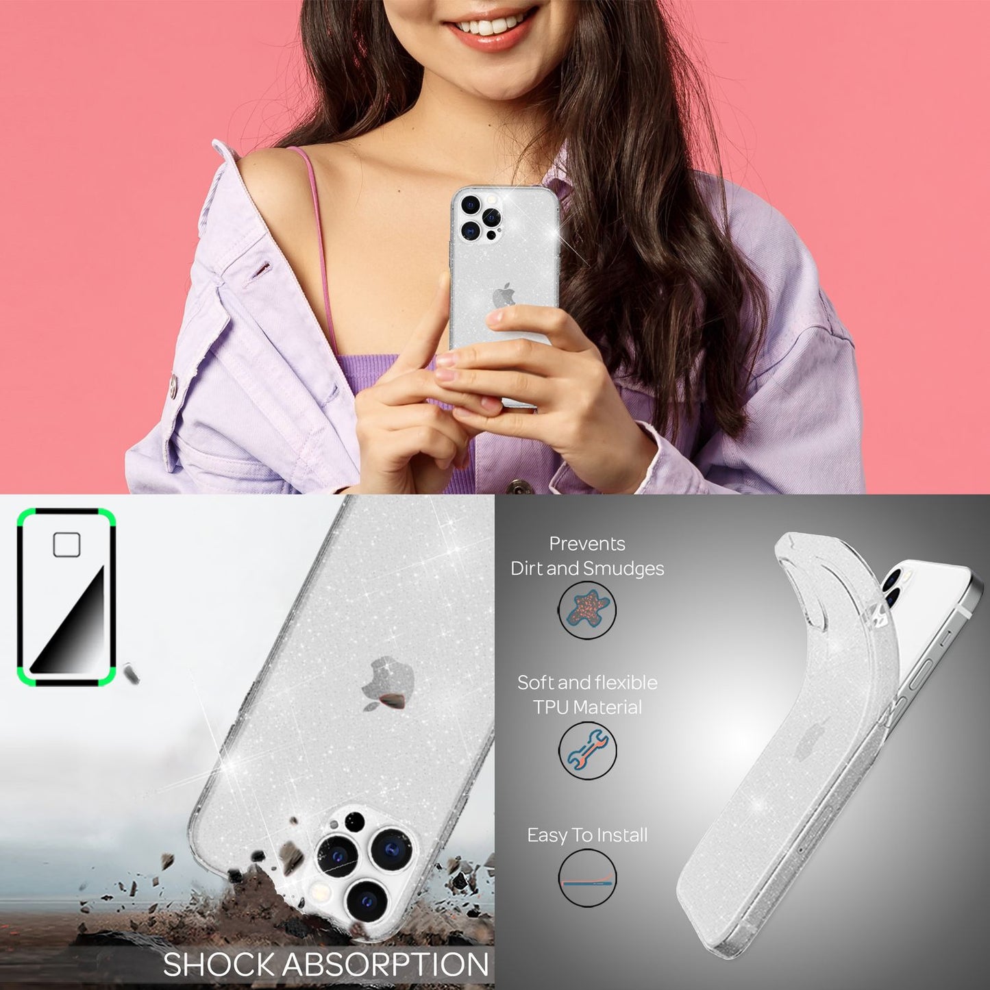NALIA Glitzerhülle für iPhone 13 Pro – Funkelndes Silikon Case – DAZZLIN (Transparent & Stoßfest) – Marke aus Berlin
