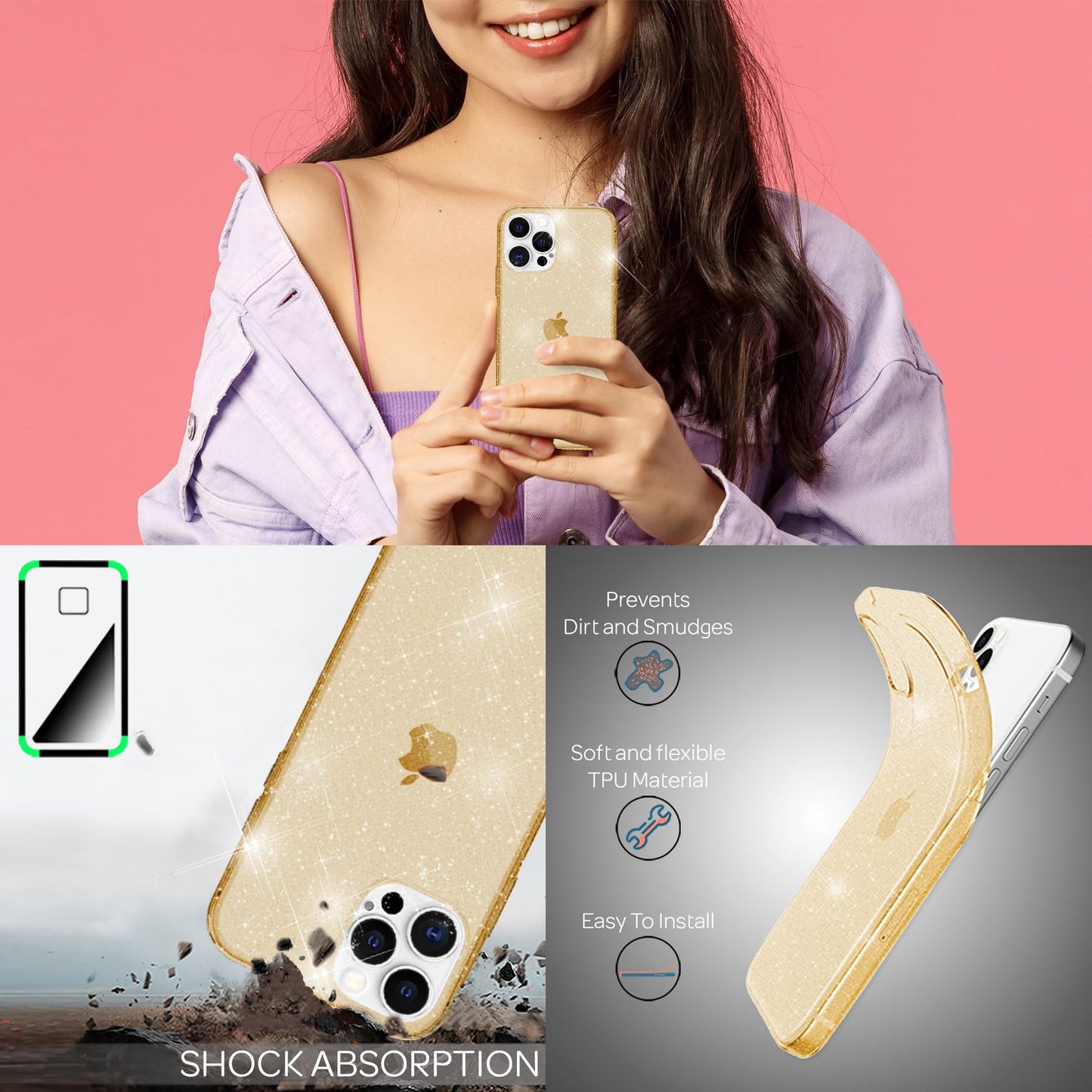 NALIA Glitzerhülle für iPhone 13 Pro – Funkelndes Silikon Case – DAZZLIN (Transparent & Stoßfest) – Marke aus Berlin