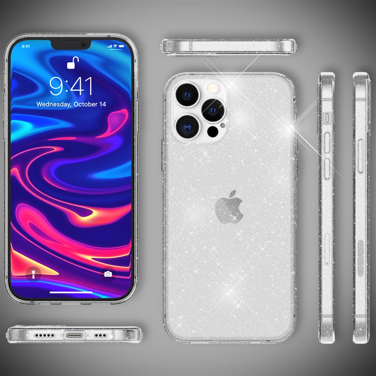 NALIA Glitzerhülle für iPhone 13 Pro – Funkelndes Silikon Case – DAZZLIN (Transparent & Stoßfest) – Marke aus Berlin