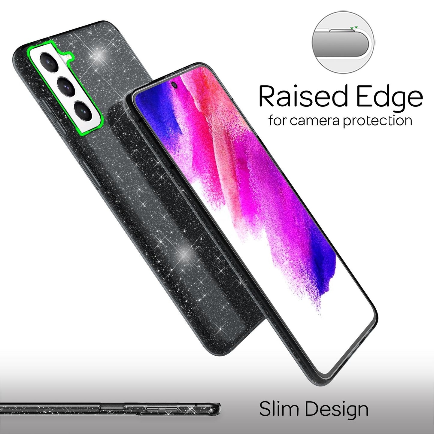 NALIA Glitzerhülle für Samsung Galaxy S21 FE – Funkelnder Glitzer-Look & Grip – SHINEPOP (Silikon Case) – Marke aus Berlin