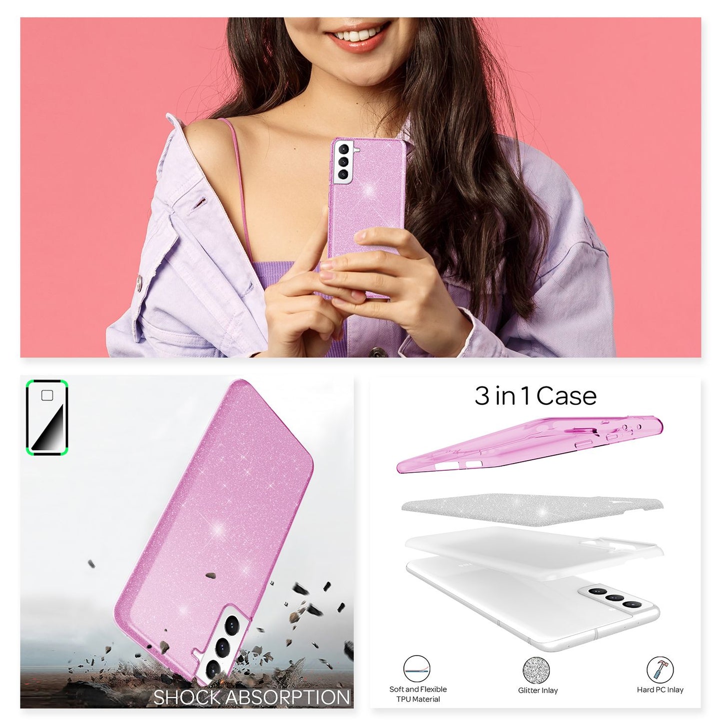 NALIA Glitzerhülle für Samsung Galaxy S21 FE – Funkelnder Glitzer-Look & Grip – SHINEPOP (Silikon Case) – Marke aus Berlin