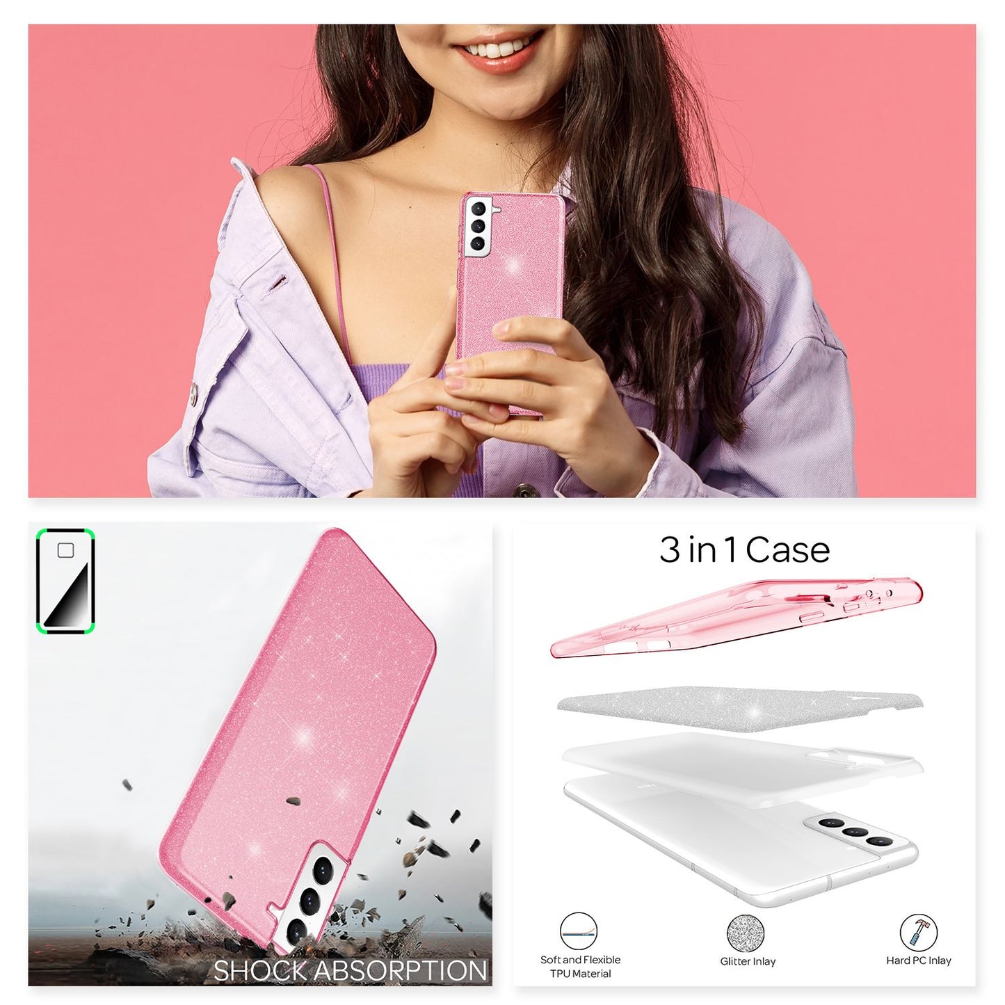 NALIA Glitzerhülle für Samsung Galaxy S21 FE – Funkelnder Glitzer-Look & Grip – SHINEPOP (Silikon Case) – Marke aus Berlin