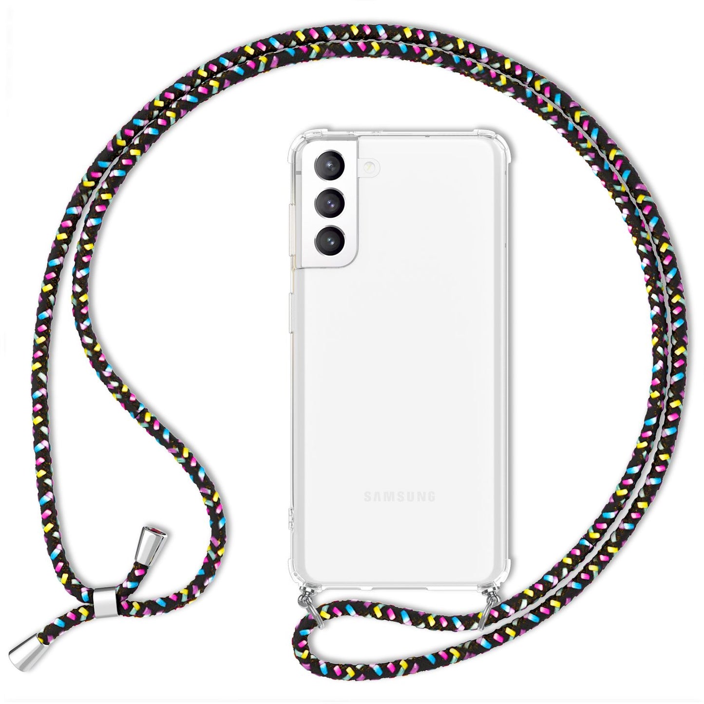 NALIA Handykette für Samsung Galaxy S21 FE – Transparentes Hybrid-Case & Band – HANGIT (Anti-Gelb Rückseite & Verstellbar) – Marke aus Berlin