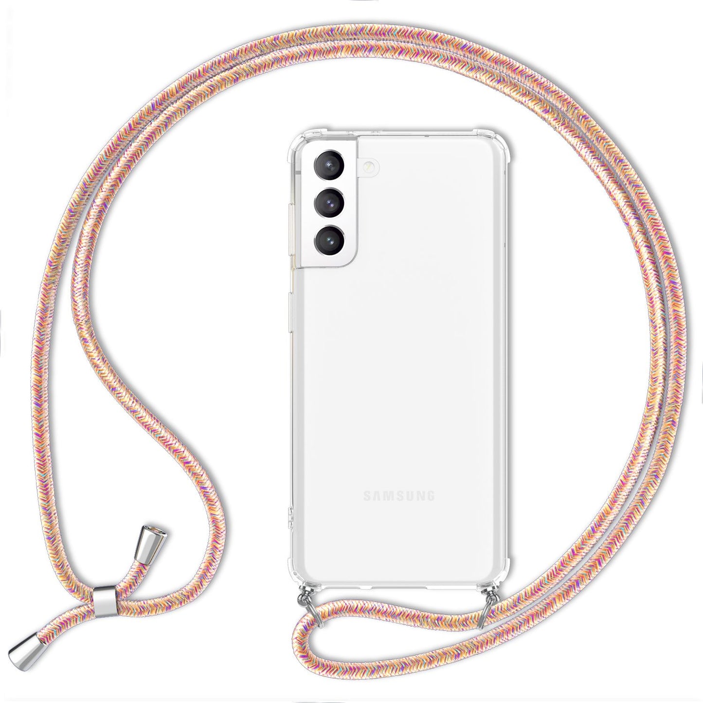 NALIA Handykette für Samsung Galaxy S21 FE – Transparentes Hybrid-Case & Band – HANGIT (Anti-Gelb Rückseite & Verstellbar) – Marke aus Berlin