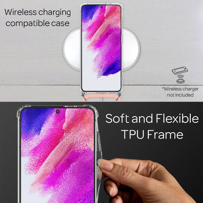 NALIA Handykette für Samsung Galaxy S21 FE – Transparentes Hybrid-Case & Band – HANGIT (Anti-Gelb Rückseite & Verstellbar) – Marke aus Berlin