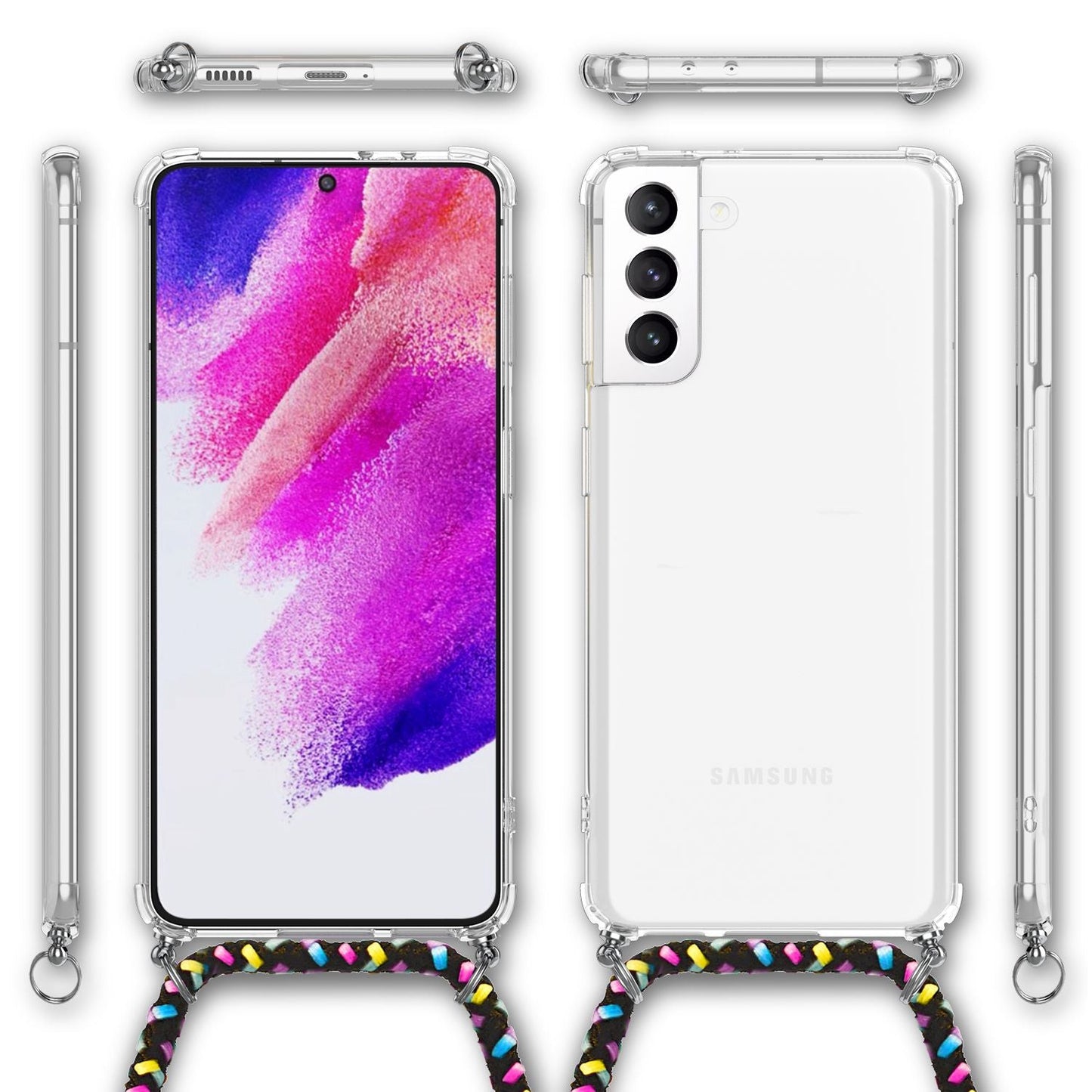 NALIA Handykette für Samsung Galaxy S21 FE – Transparentes Hybrid-Case & Band – HANGIT (Anti-Gelb Rückseite & Verstellbar) – Marke aus Berlin