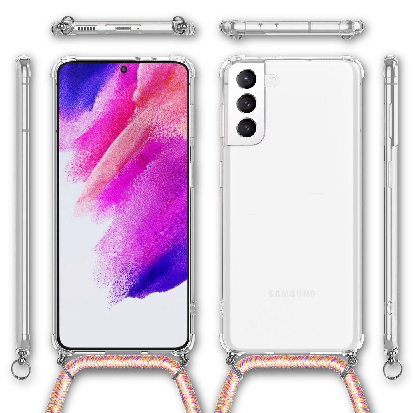 NALIA Handykette für Samsung Galaxy S21 FE – Transparentes Hybrid-Case & Band – HANGIT (Anti-Gelb Rückseite & Verstellbar) – Marke aus Berlin