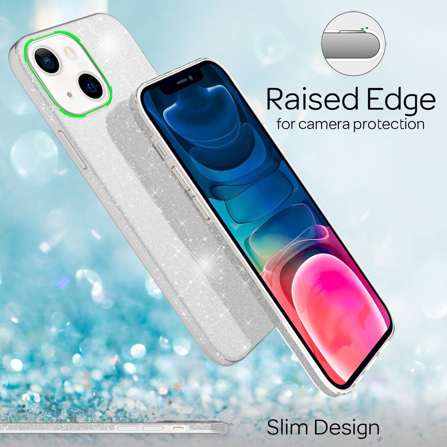 NALIA Glitzerhülle für iPhone 13 Mini – Funkelnder Glitzer-Look & Grip – SHINEPOP (Silikon Case) – Marke aus Berlin
