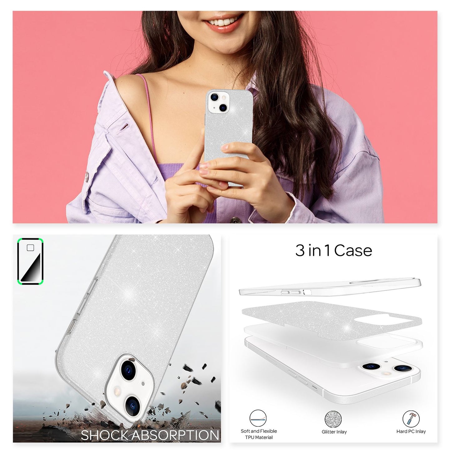 NALIA Glitzerhülle für iPhone 13 Mini – Funkelnder Glitzer-Look & Grip – SHINEPOP (Silikon Case) – Marke aus Berlin