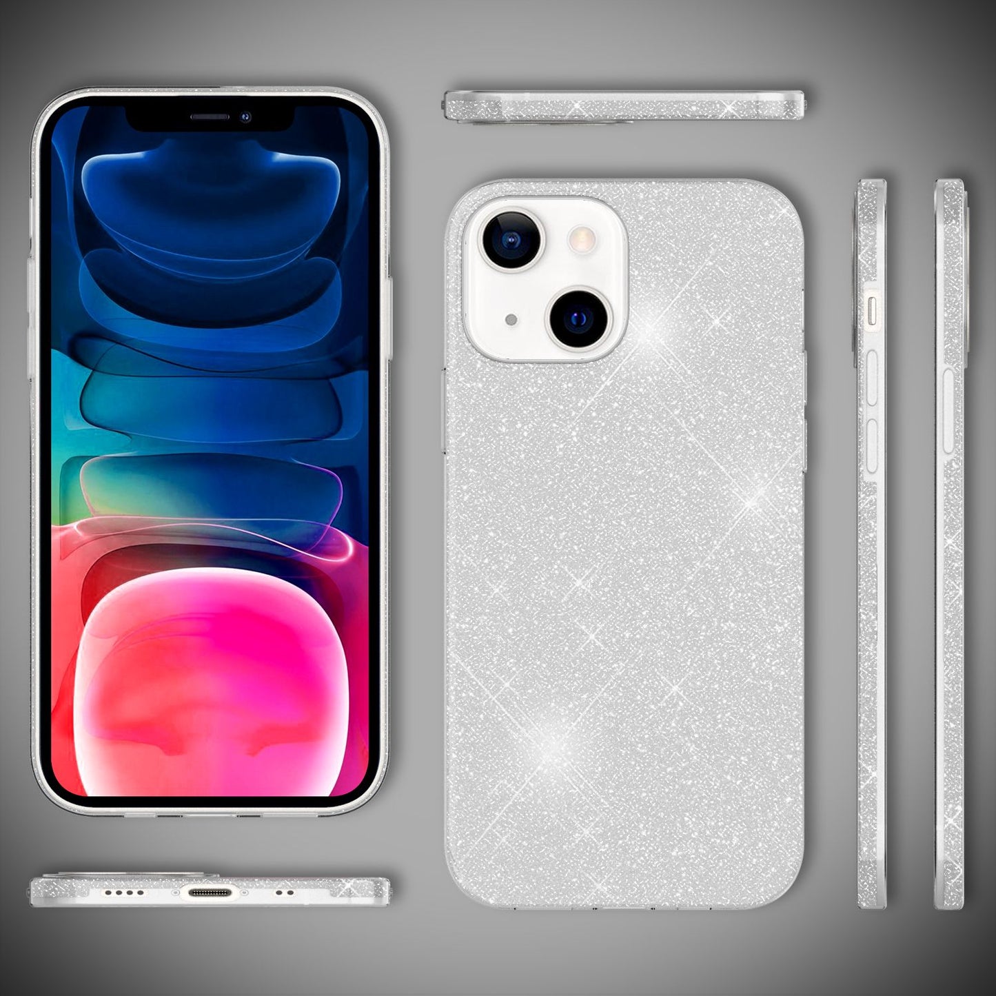NALIA Glitzerhülle für iPhone 13 Mini – Funkelnder Glitzer-Look & Grip – SHINEPOP (Silikon Case) – Marke aus Berlin