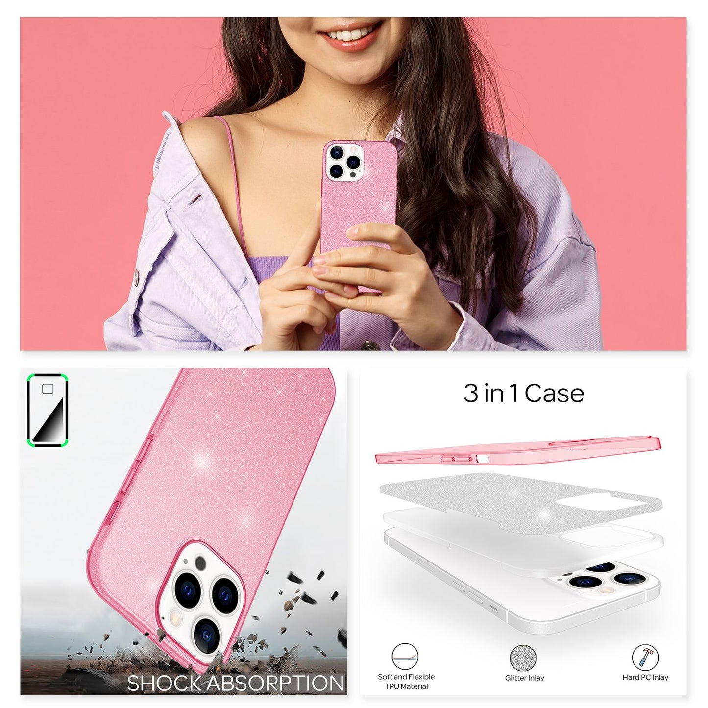 NALIA Glitzerhülle für iPhone 13 Pro – Funkelnder Glitzer-Look & Grip – SHINEPOP (Silikon Case) – Marke aus Berlin