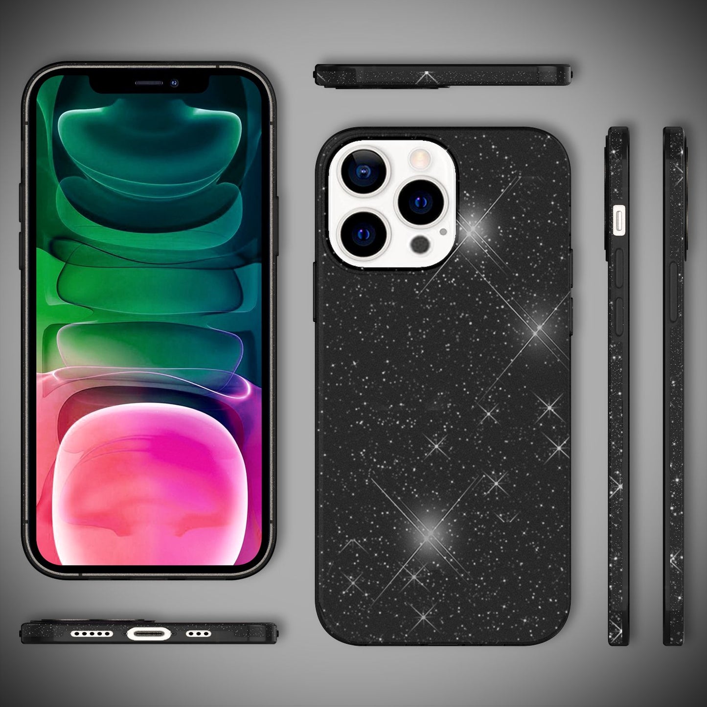 NALIA Glitzerhülle für iPhone 13 Pro – Funkelnder Glitzer-Look & Grip – SHINEPOP (Silikon Case) – Marke aus Berlin