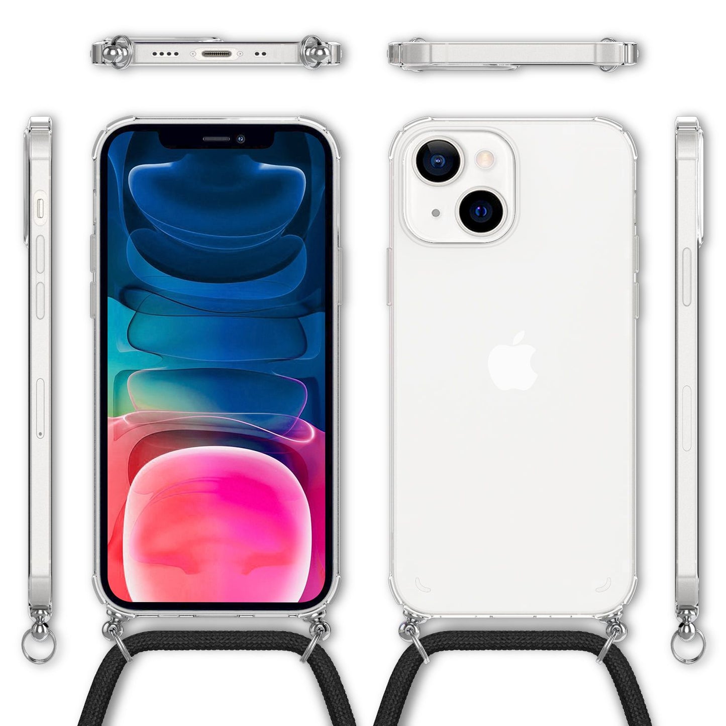 NALIA Handykette für iPhone 13 Mini – Transparentes Hybrid-Case & Band – HANGIT (Anti-Gelb Rückseite & Verstellbar) – Marke aus Berlin