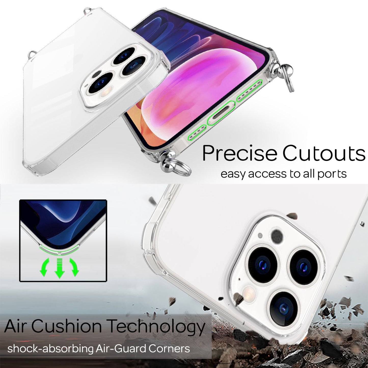 NALIA Handykette für iPhone 13 Pro Max – Transparentes Hybrid-Case & Band – HANGIT (Anti-Gelb Rückseite & Verstellbar) – Marke aus Berlin
