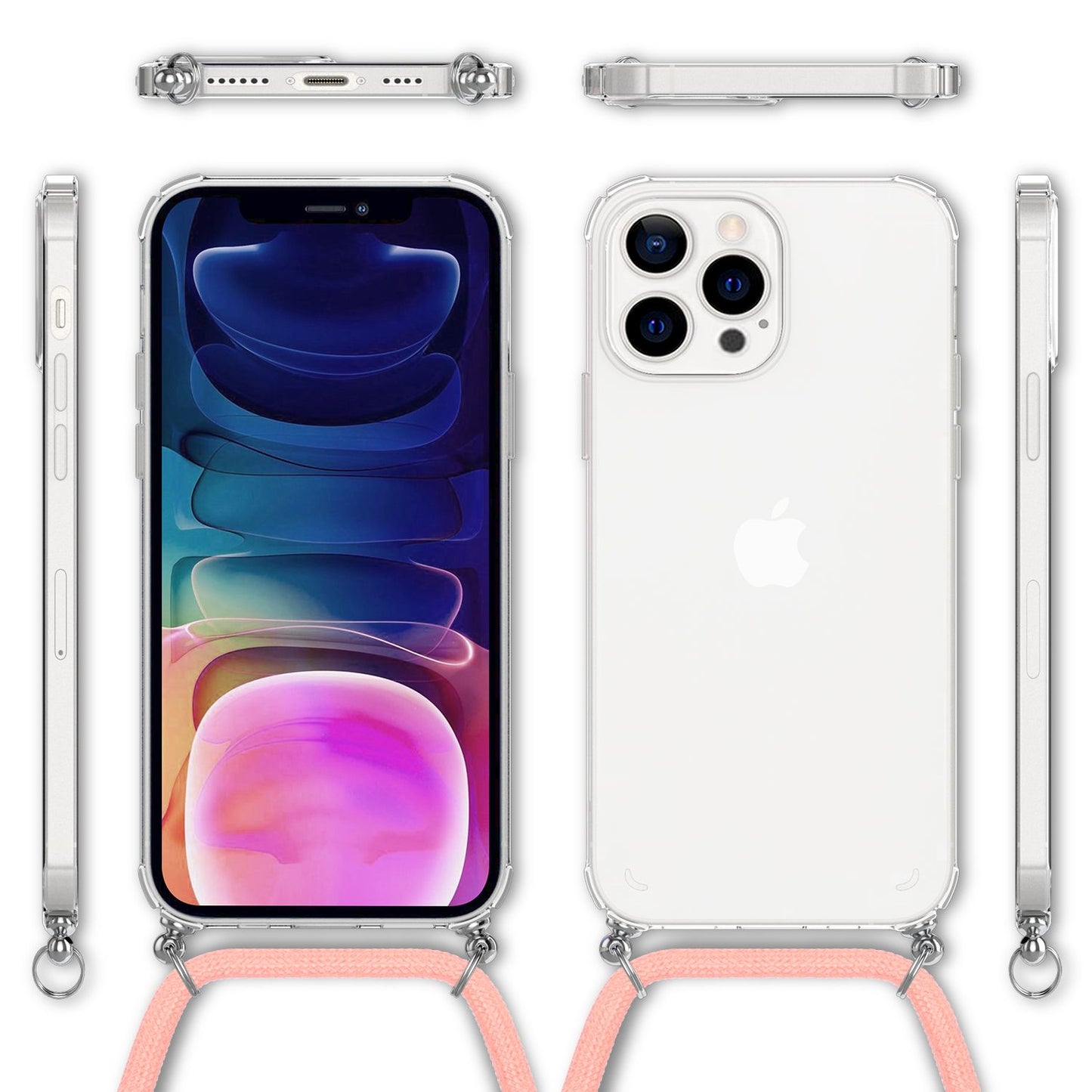 NALIA Handykette für iPhone 13 Pro Max – Transparentes Hybrid-Case & Band – HANGIT (Anti-Gelb Rückseite & Verstellbar) – Marke aus Berlin