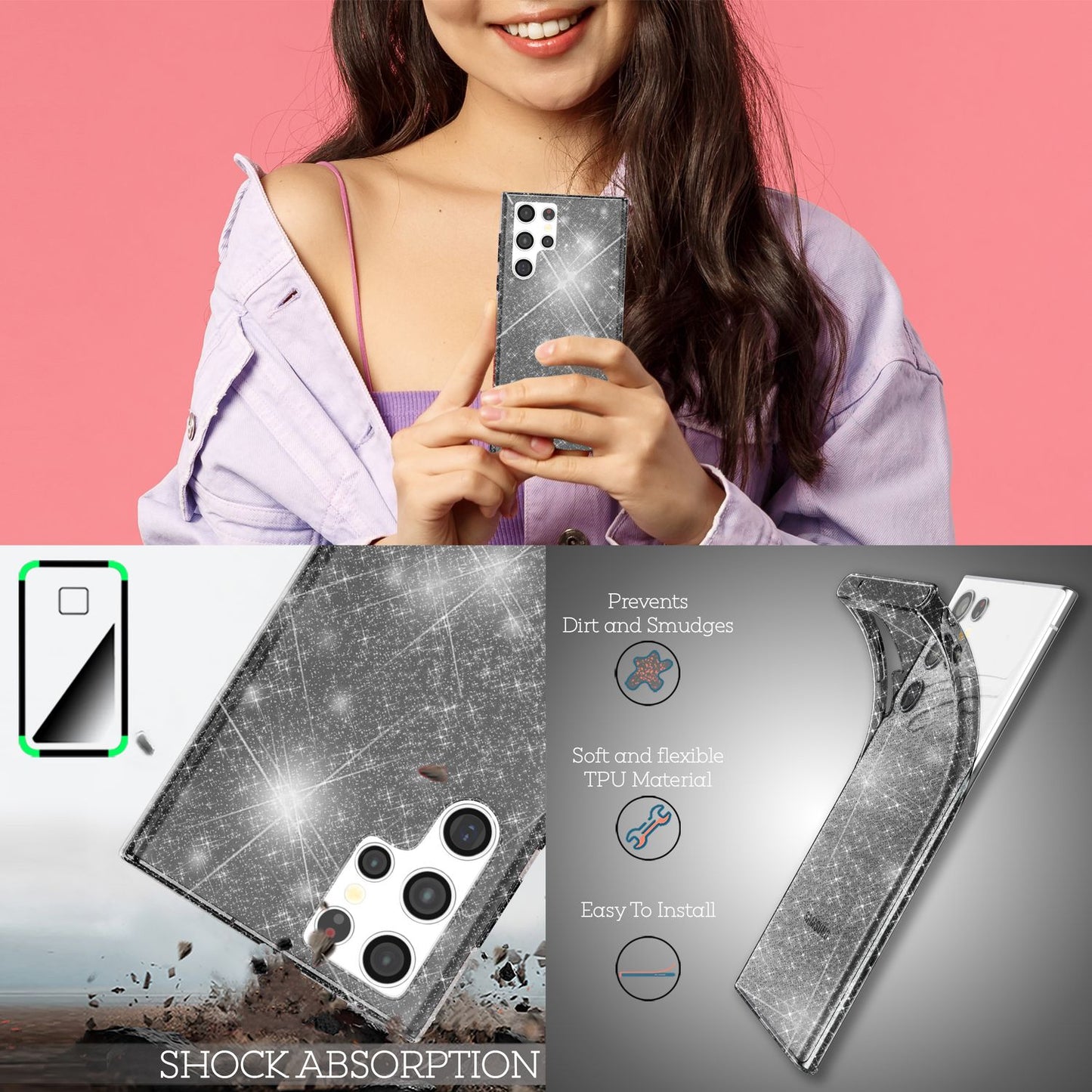 NALIA Glitzerhülle für Samsung Galaxy S22 Ultra – Funkelndes Silikon Case – DAZZLIN (Transparent & Stoßfest) – Marke aus Berlin