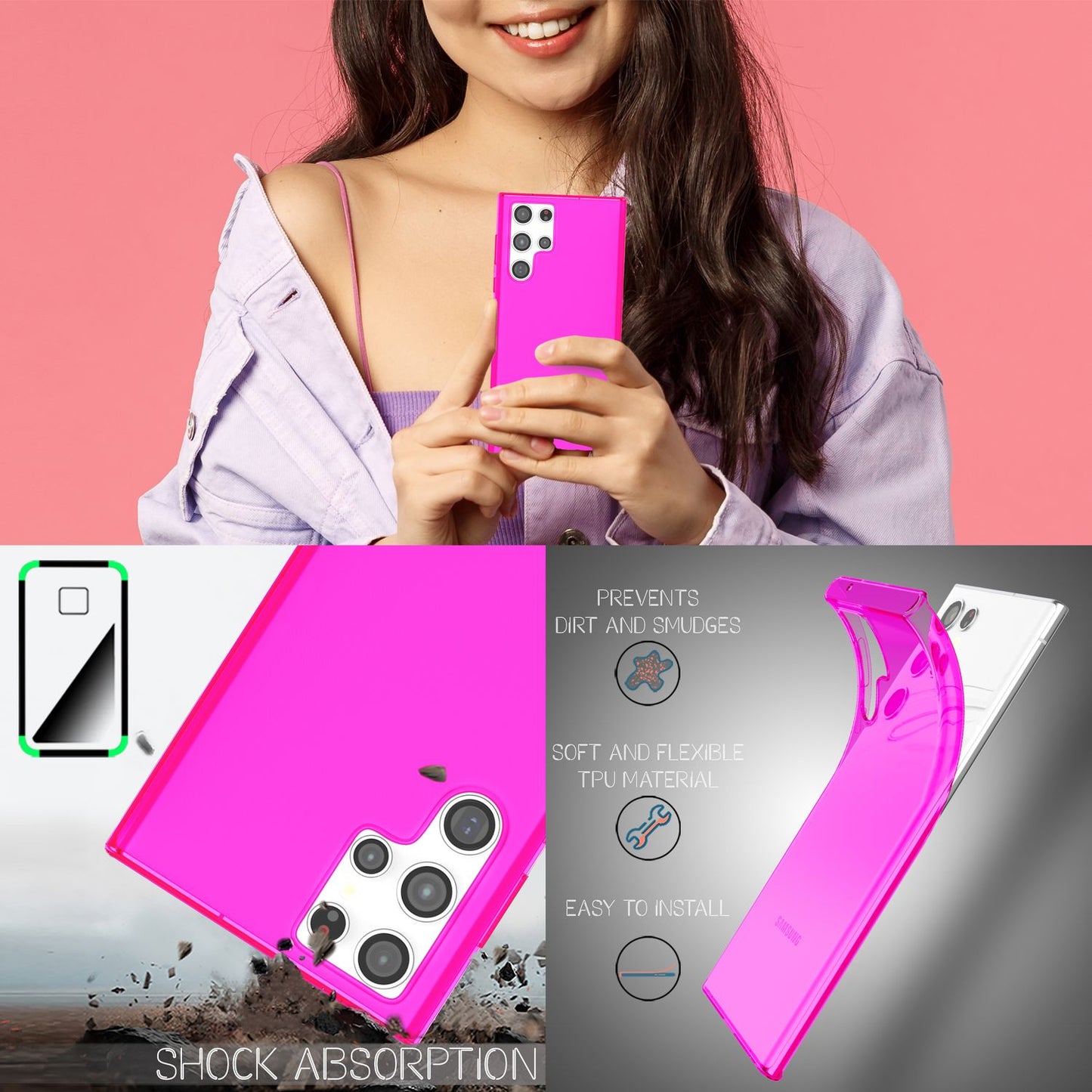 NALIA Neon Silikonhülle für Samsung Galaxy S22 Ultra – Knallige Signal-Farbe & Linsenschutz – VIBE (Transparentes Case) – Marke aus Berlin