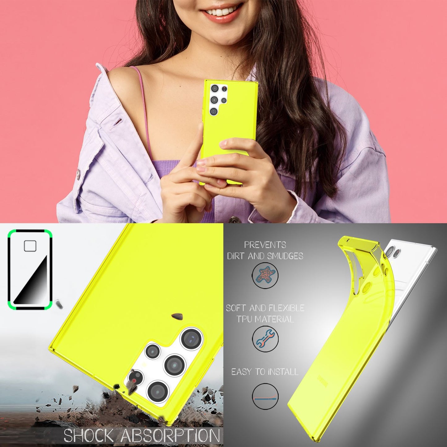 NALIA Neon Silikonhülle für Samsung Galaxy S22 Ultra – Knallige Signal-Farbe & Linsenschutz – VIBE (Transparentes Case) – Marke aus Berlin