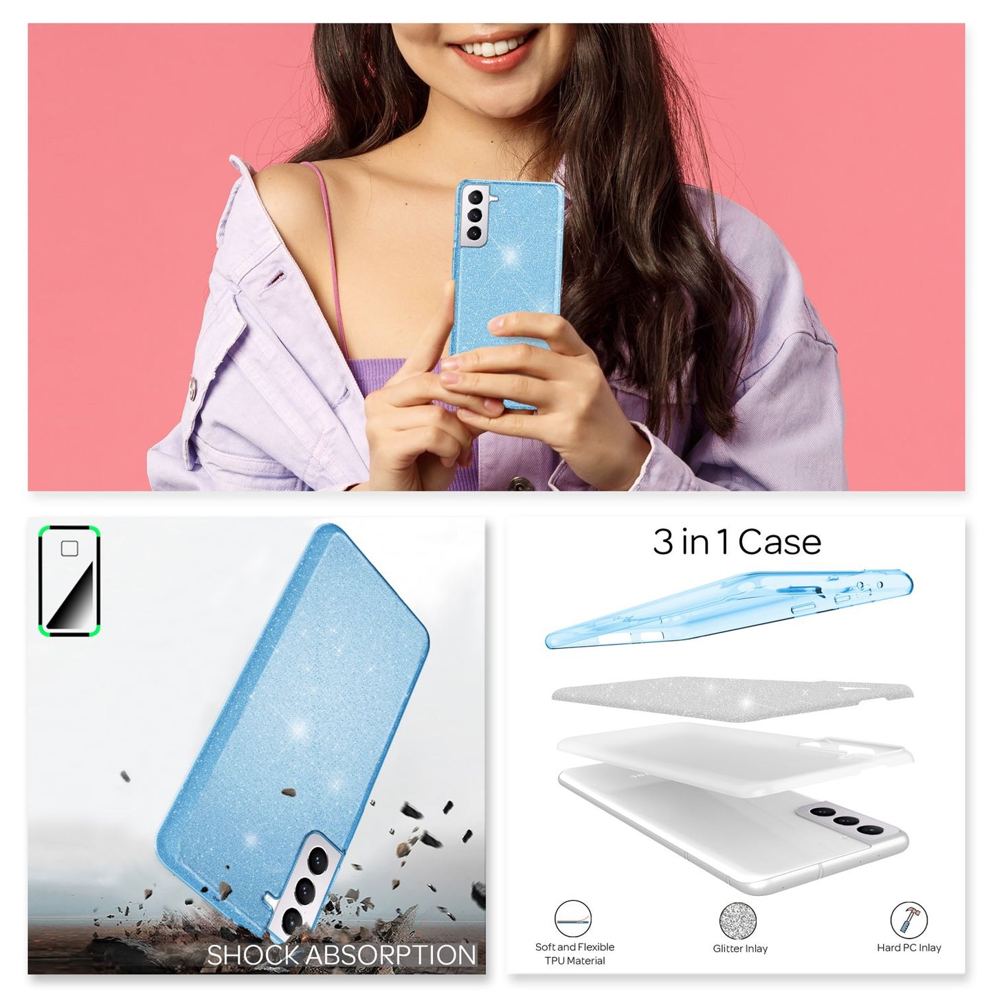 NALIA Glitzerhülle für Samsung Galaxy S22 Plus – Funkelnder Glitzer-Look & Grip – SHINEPOP (Silikon Case) – Marke aus Berlin