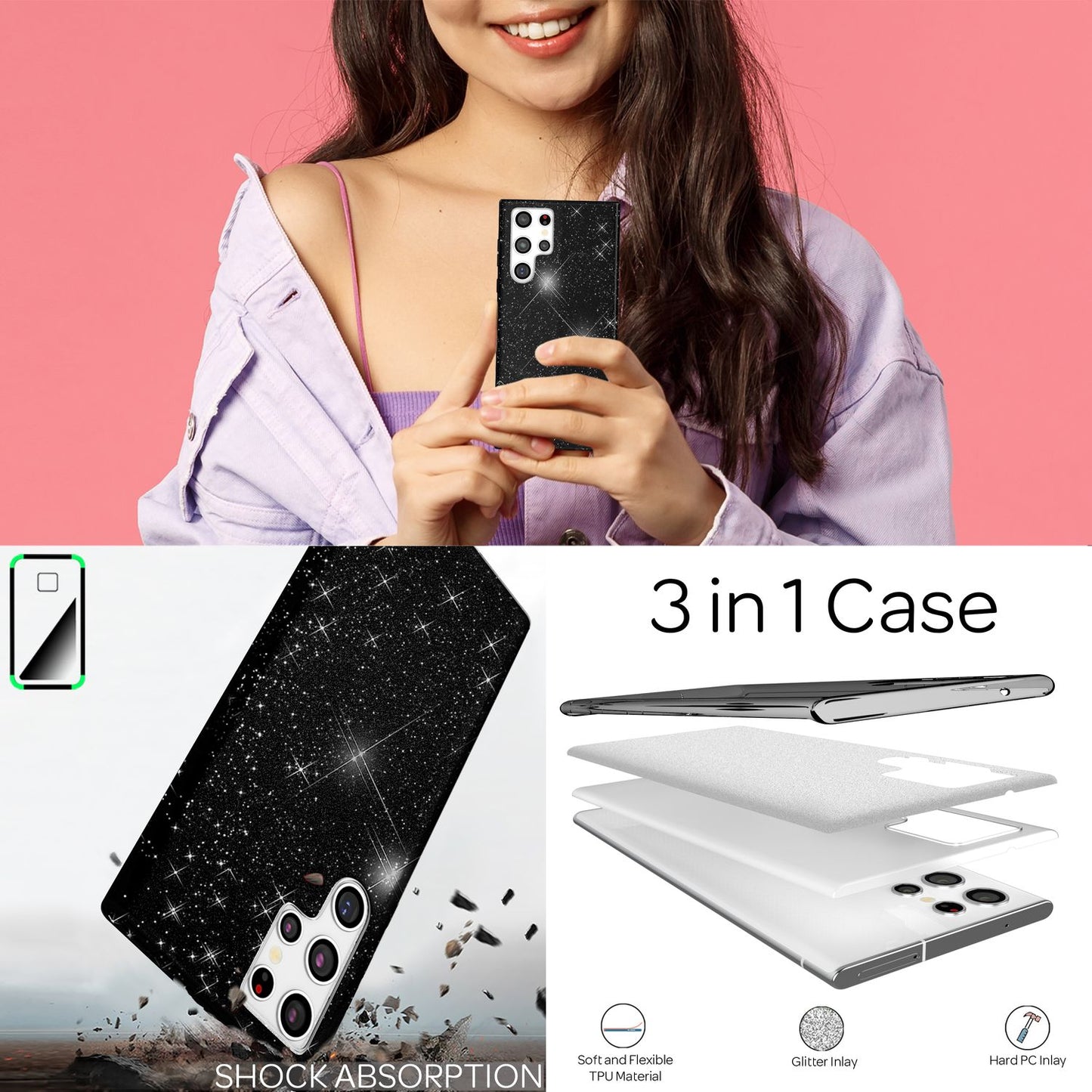NALIA Glitzerhülle für Samsung Galaxy S22 Ultra – Funkelnder Glitzer-Look & Grip – SHINEPOP (Silikon Case) – Marke aus Berlin