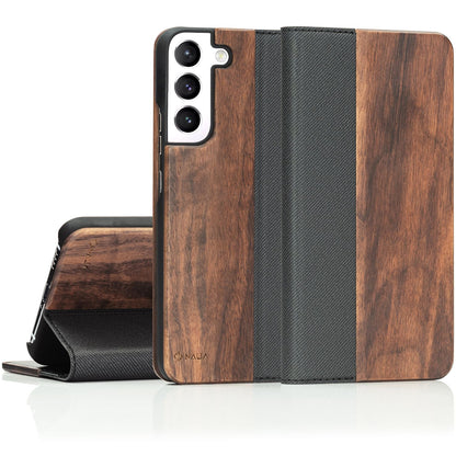 NALIA Echt-Holz Flipcase kompatibel mit Samsung Galaxy S22 Plus Hülle, FSC zert. Natur Holzhülle mit Standfunktion & Kartenfach, Premium Wood Case Wallet Rundum-Schutz Handyhülle Klapphülle - Walnuss