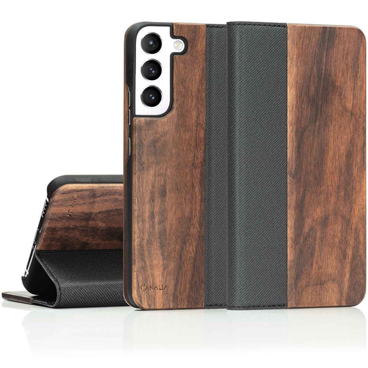NALIA Echt-Holz Flipcase kompatibel mit Samsung Galaxy S22 Plus Hülle, FSC zert. Natur Holzhülle mit Standfunktion & Kartenfach, Premium Wood Case Wallet Rundum-Schutz Handyhülle Klapphülle - Walnuss