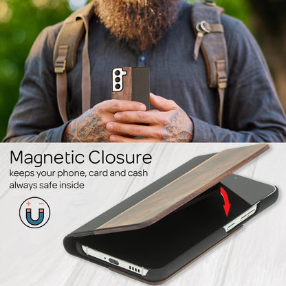 NALIA Echt-Holz Flipcase kompatibel mit Samsung Galaxy S22 Plus Hülle, FSC zert. Natur Holzhülle mit Standfunktion & Kartenfach, Premium Wood Case Wallet Rundum-Schutz Handyhülle Klapphülle - Walnuss