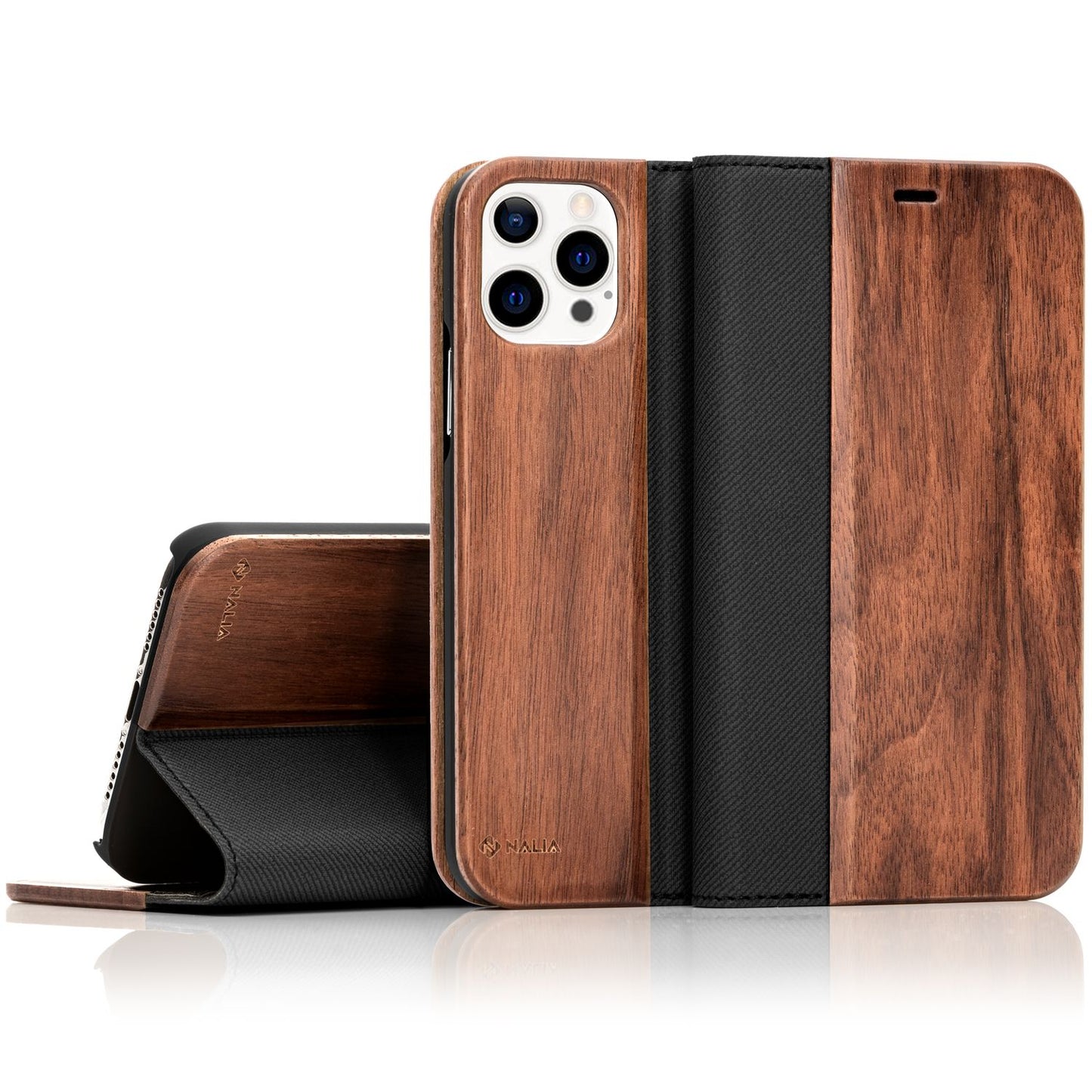 NALIA Echt-Holz Flipcase kompatibel mit iPhone 13 Pro Max Hülle, FSC zert. Natur Holzhülle mit Standfunktion & Kartenfach, Premium Wood Case Wallet Rundum-Schutz Handyhülle Klapphülle Etui - Walnuss