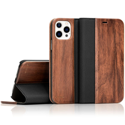 NALIA Echt-Holz Flipcase kompatibel mit iPhone 13 Pro Max Hülle, FSC zert. Natur Holzhülle mit Standfunktion & Kartenfach, Premium Wood Case Wallet Rundum-Schutz Handyhülle Klapphülle Etui - Walnuss