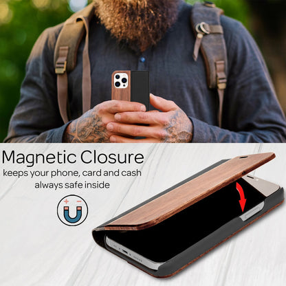 NALIA Echt-Holz Flipcase kompatibel mit iPhone 13 Pro Max Hülle, FSC zert. Natur Holzhülle mit Standfunktion & Kartenfach, Premium Wood Case Wallet Rundum-Schutz Handyhülle Klapphülle Etui - Walnuss