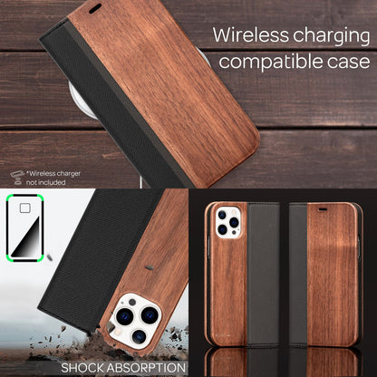 NALIA Echt-Holz Flipcase kompatibel mit iPhone 13 Pro Max Hülle, FSC zert. Natur Holzhülle mit Standfunktion & Kartenfach, Premium Wood Case Wallet Rundum-Schutz Handyhülle Klapphülle Etui - Walnuss