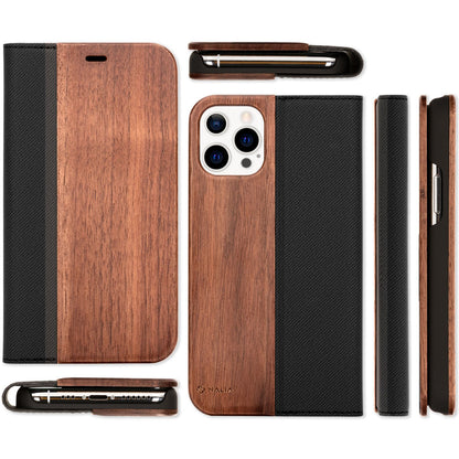 NALIA Echt-Holz Flipcase kompatibel mit iPhone 13 Pro Max Hülle, FSC zert. Natur Holzhülle mit Standfunktion & Kartenfach, Premium Wood Case Wallet Rundum-Schutz Handyhülle Klapphülle Etui - Walnuss
