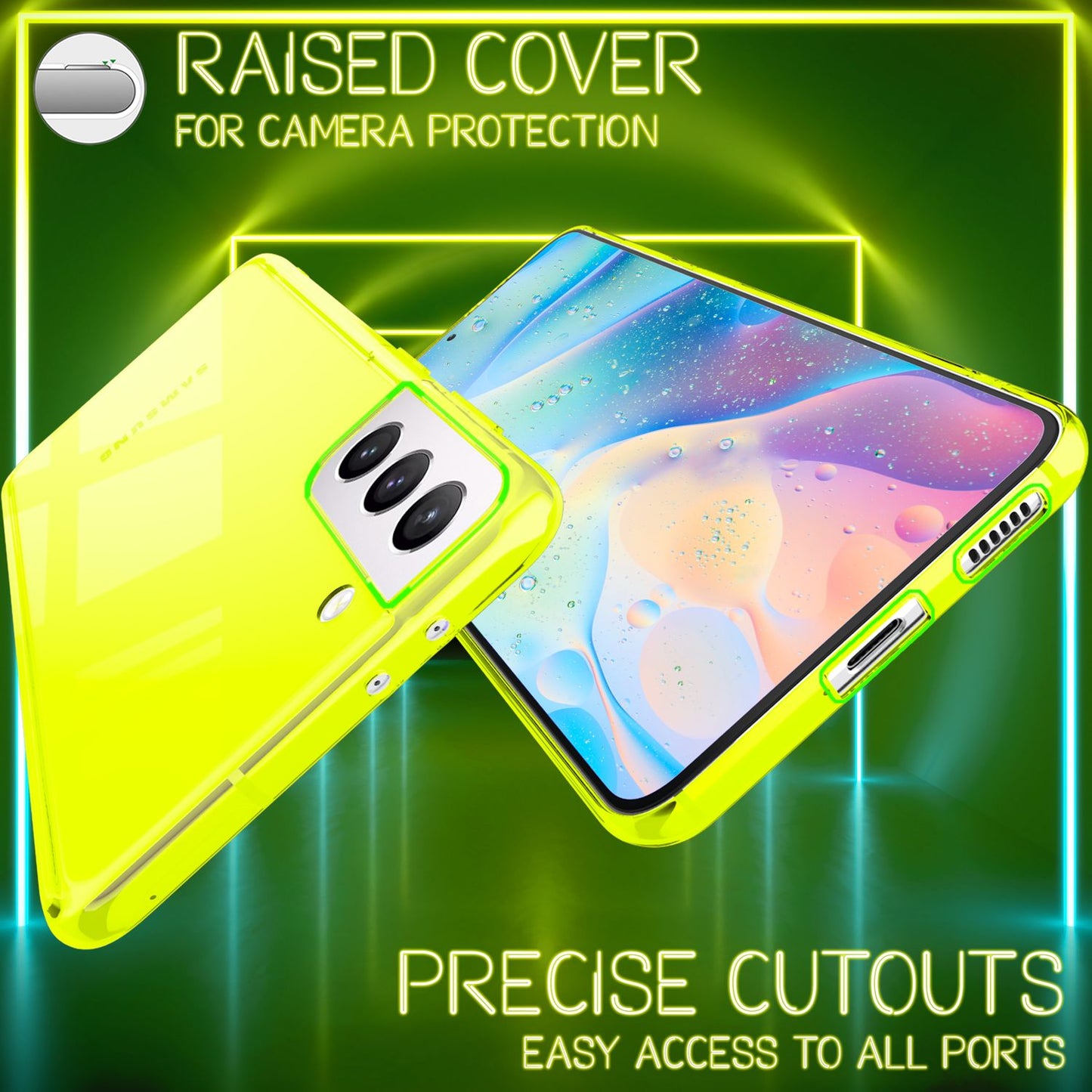 NALIA Neon Silikonhülle für Samsung Galaxy S21 FE – Knallige Signal-Farbe & Linsenschutz – VIBE (Transparentes Case) – Marke aus Berlin