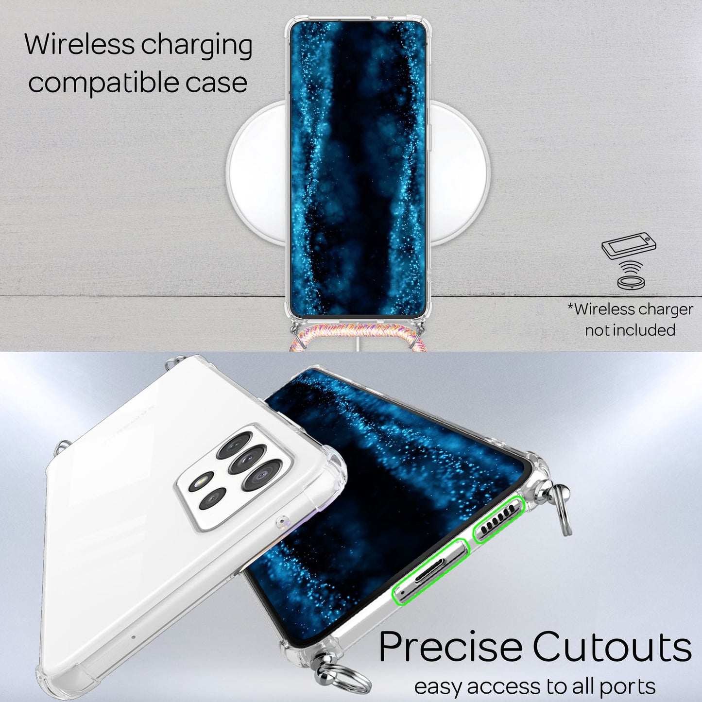 NALIA Handykette für Samsung Galaxy A33 – Transparentes Hybrid-Case & Band – HANGIT (Anti-Gelb Rückseite & Verstellbar) – Marke aus Berlin