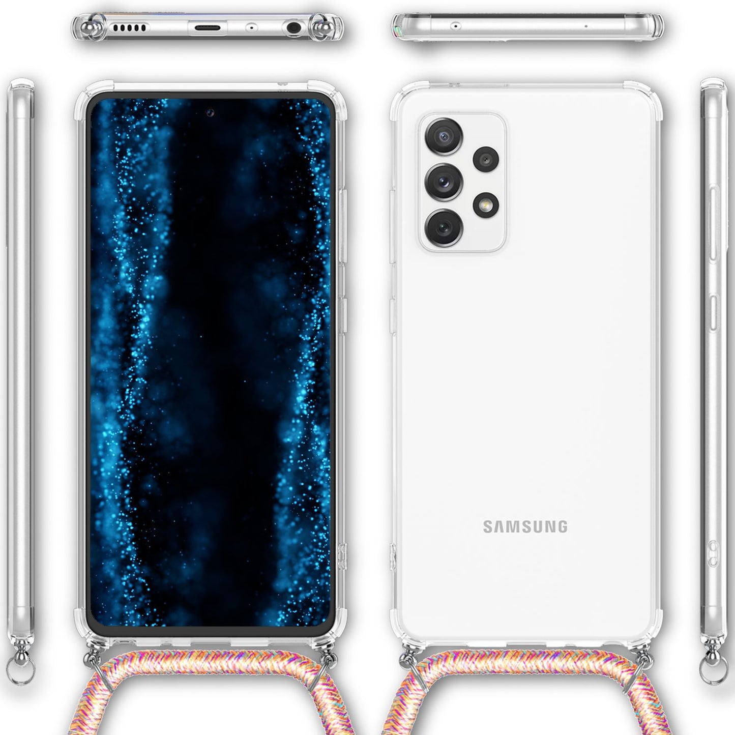 NALIA Handykette für Samsung Galaxy A53 – Transparentes Hybrid-Case & Band – HANGIT (Anti-Gelb Rückseite & Verstellbar) – Marke aus Berlin
