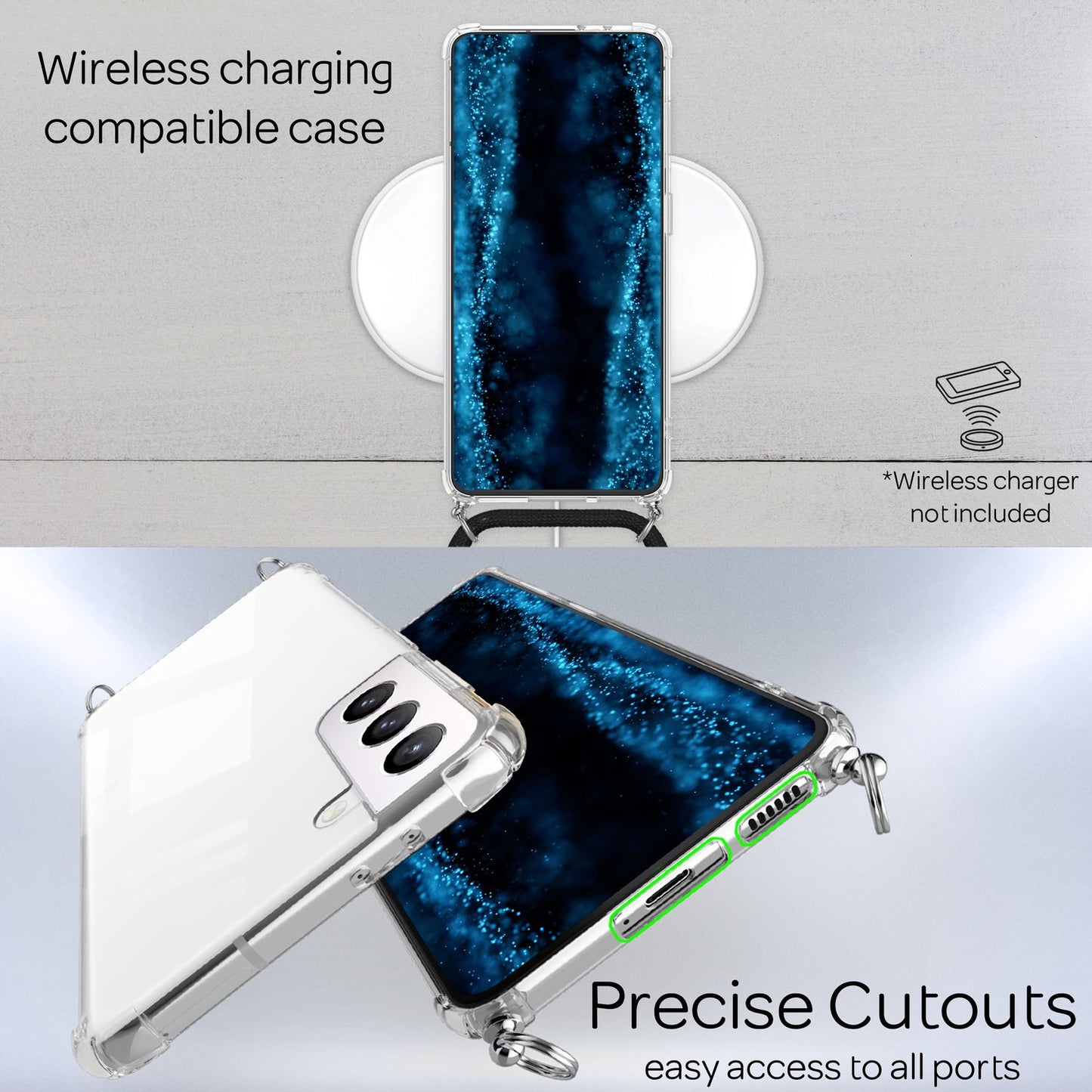 NALIA Handykette für Samsung Galaxy S22 Plus – Transparentes Hybrid-Case & Band – HANGIT (Anti-Gelb Rückseite & Verstellbar) – Marke aus Berlin