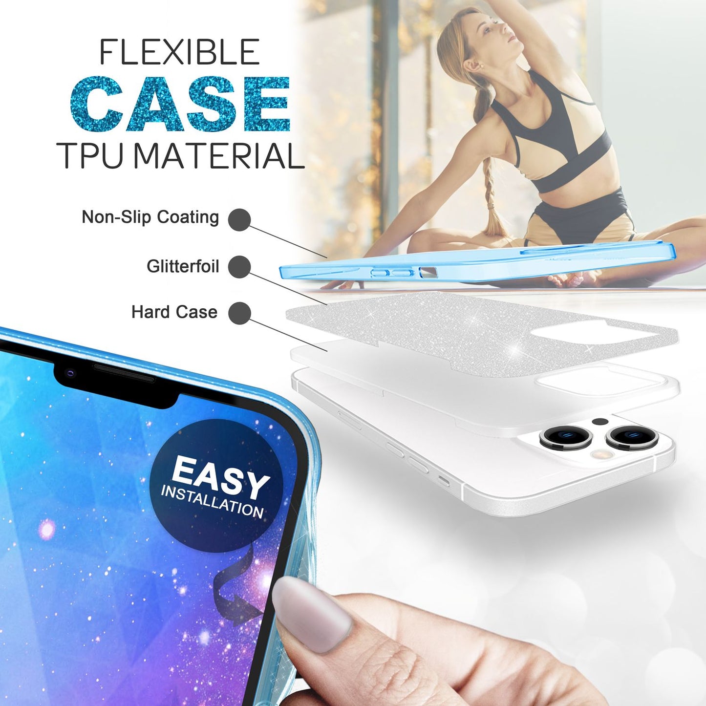NALIA Glitzerhülle für iPhone 14 – Funkelnder Glitzer-Look & Grip – SHINEPOP (Silikon Case) – Marke aus Berlin