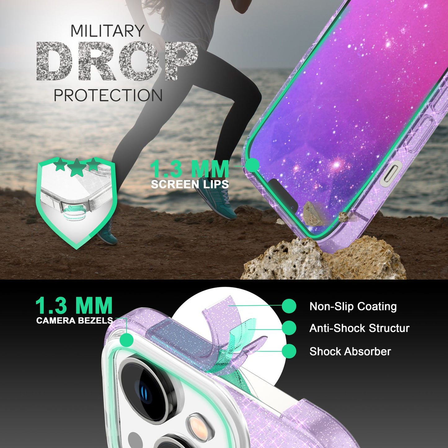 NALIA Glitzerhülle für iPhone 14 – Funkelnder Glitzer-Look & Grip – SHINEPOP (Silikon Case) – Marke aus Berlin