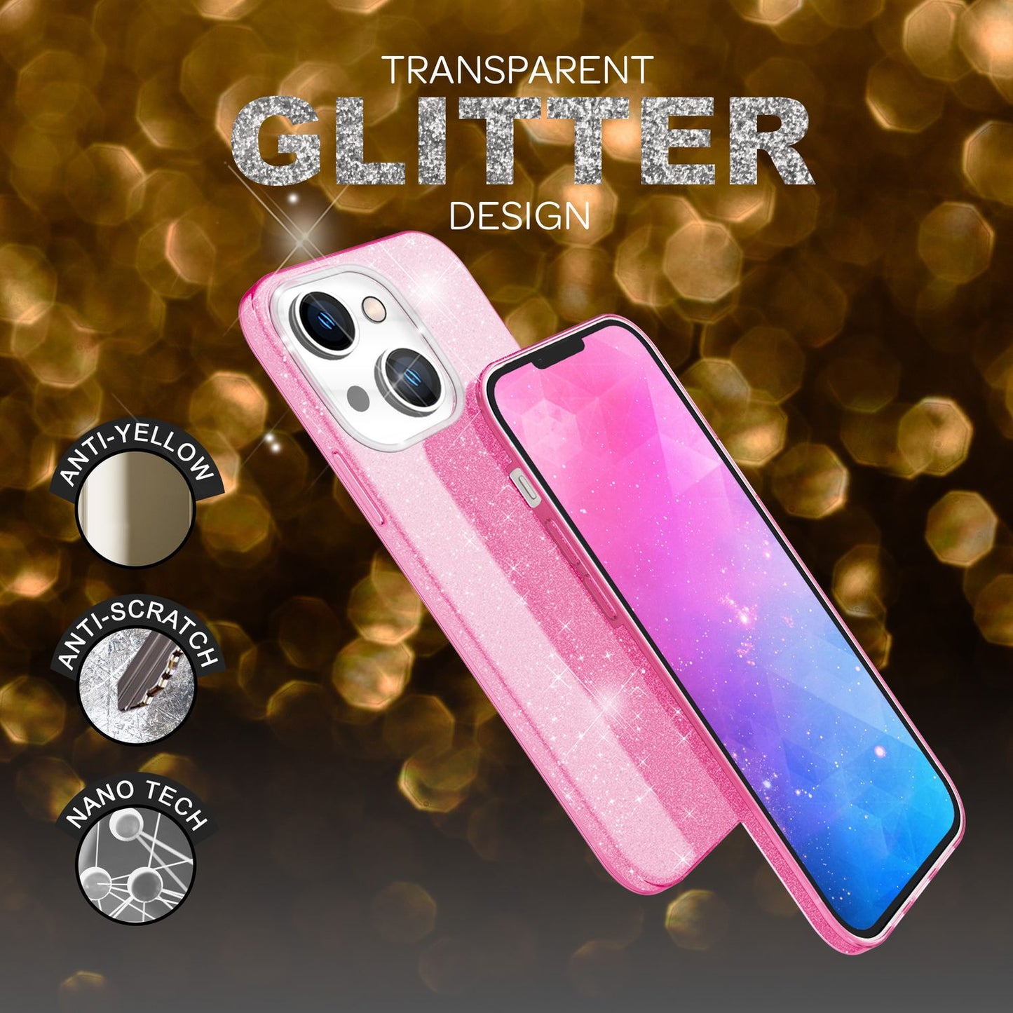 NALIA Glitzerhülle für iPhone 14 – Funkelnder Glitzer-Look & Grip – SHINEPOP (Silikon Case) – Marke aus Berlin