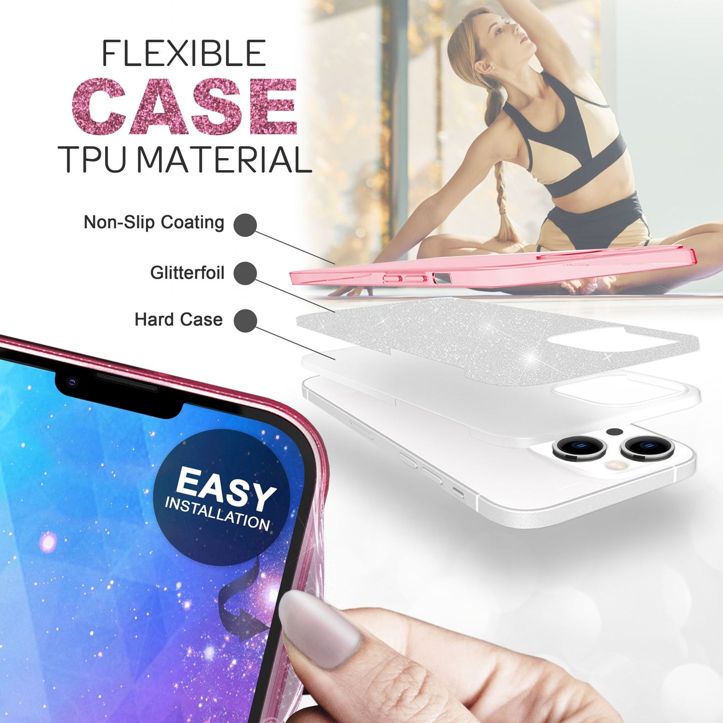 NALIA Glitzerhülle für iPhone 14 – Funkelnder Glitzer-Look & Grip – SHINEPOP (Silikon Case) – Marke aus Berlin