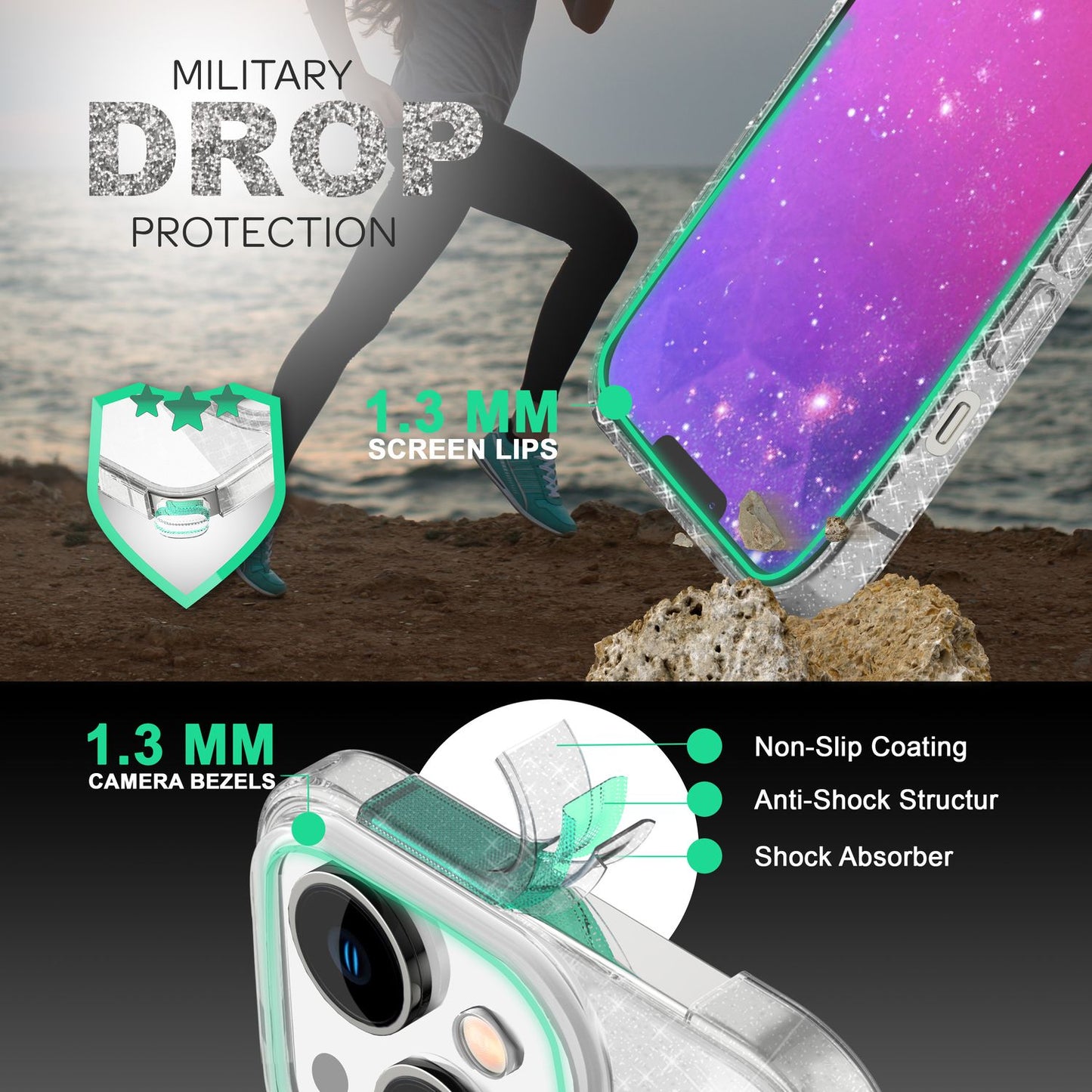 NALIA Glitzerhülle für iPhone 14 – Funkelnder Glitzer-Look & Grip – SHINEPOP (Silikon Case) – Marke aus Berlin