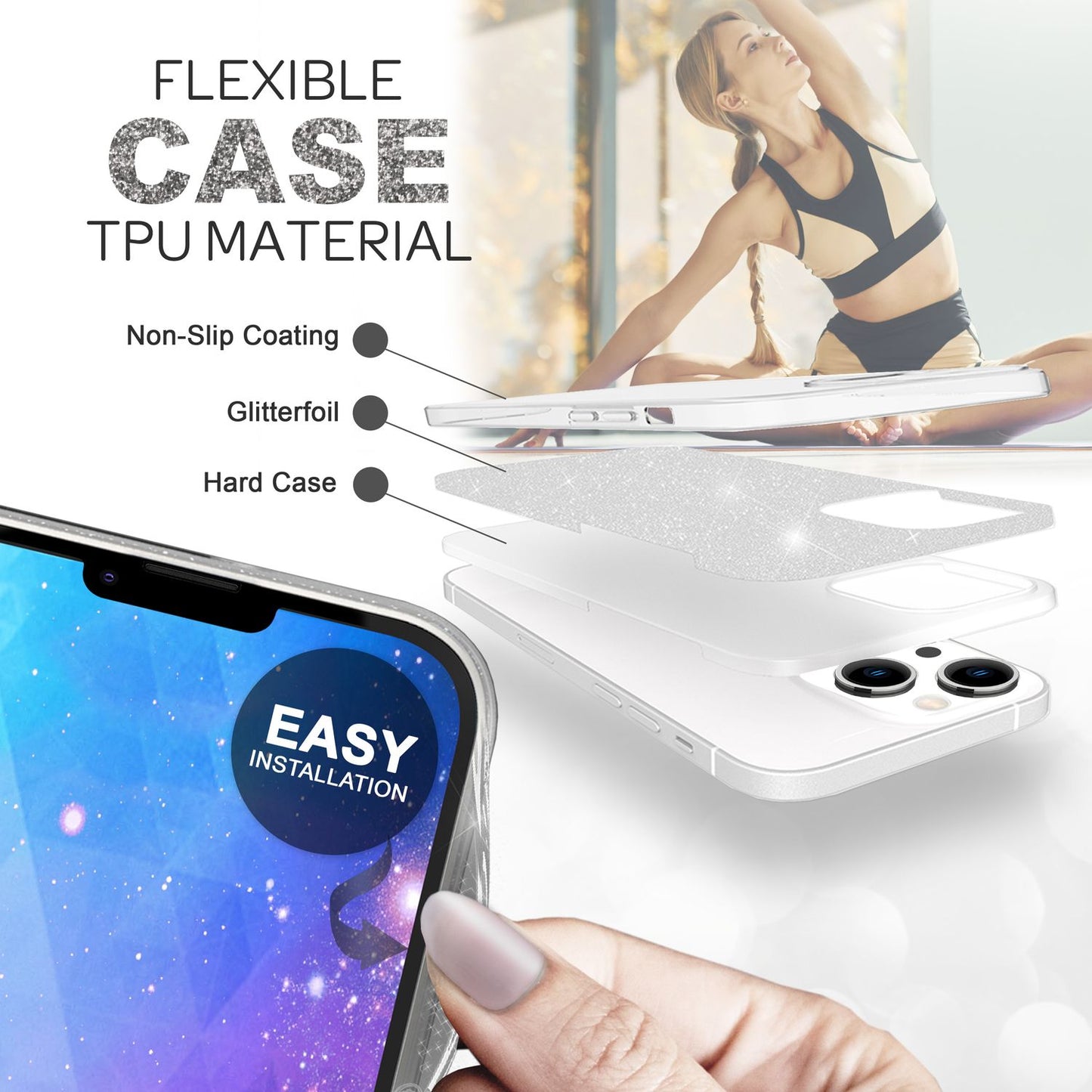 NALIA Glitzerhülle für iPhone 14 – Funkelnder Glitzer-Look & Grip – SHINEPOP (Silikon Case) – Marke aus Berlin