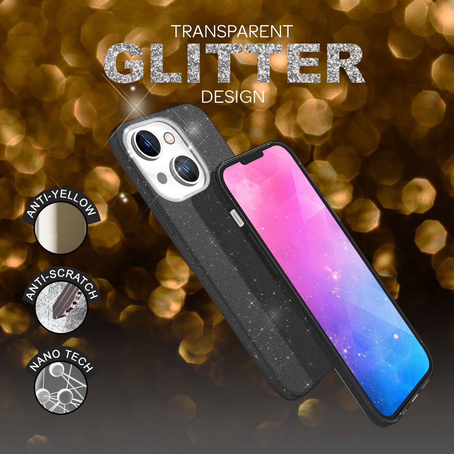NALIA Glitzerhülle für iPhone 14 – Funkelnder Glitzer-Look & Grip – SHINEPOP (Silikon Case) – Marke aus Berlin