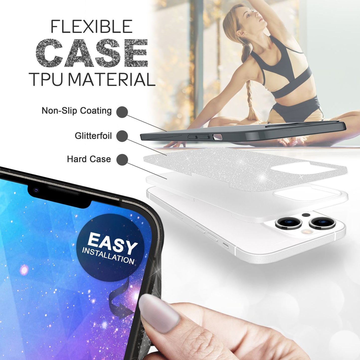 NALIA Glitzerhülle für iPhone 14 – Funkelnder Glitzer-Look & Grip – SHINEPOP (Silikon Case) – Marke aus Berlin