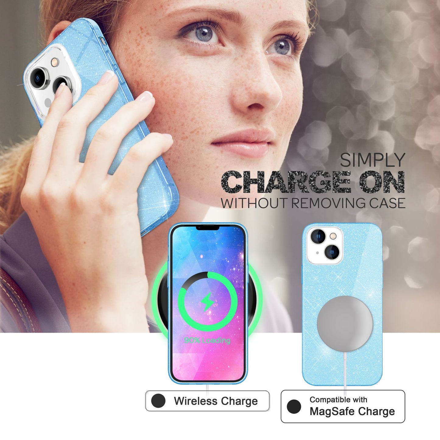 NALIA Glitzerhülle für iPhone 14 Plus – Funkelnder Glitzer-Look & Grip – SHINEPOP (Silikon Case) – Marke aus Berlin